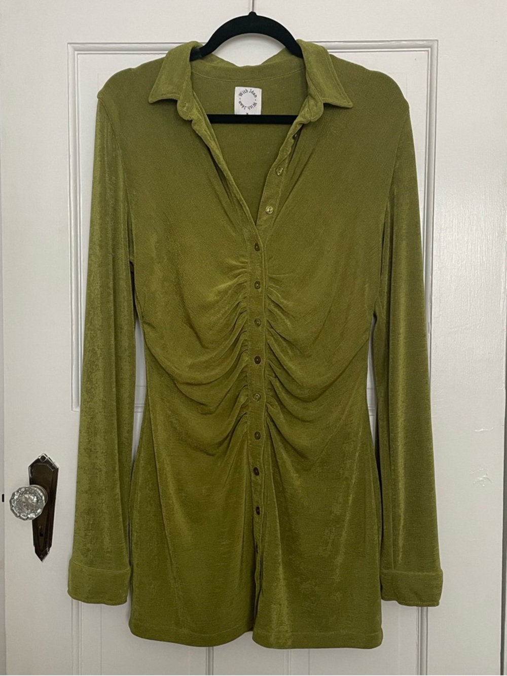 With Jean Olive Button-Front Ruched Long Sleeve Top